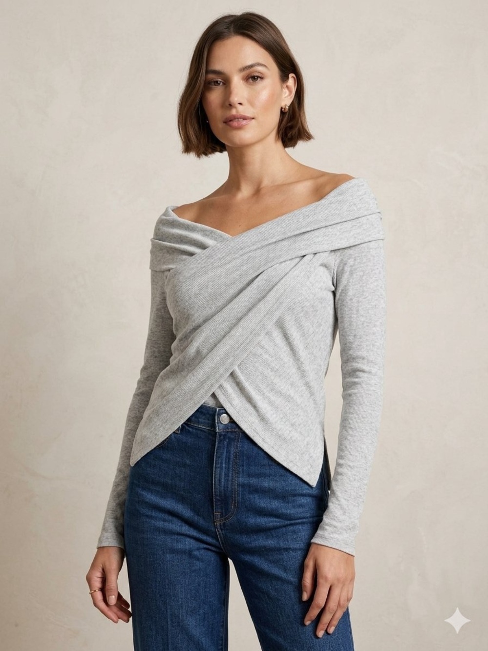 Saks Fifth Avenue Light Gray Off-Shoulder Wrap Sweater